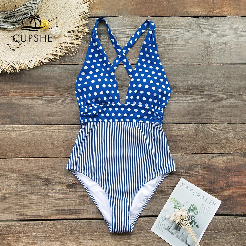 CUPSHE синий в горошек и полоску с принтом Цельный купальник сексуальный женский