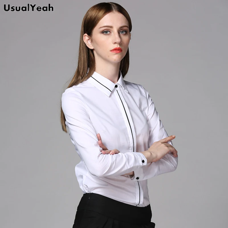 UsualYeah, новинка, женская мода, OL, длинный рукав, рубашка, белая, для работы, блузки, рубашки, черная полоса, Blusas Femininas, S-XXL, SY0325