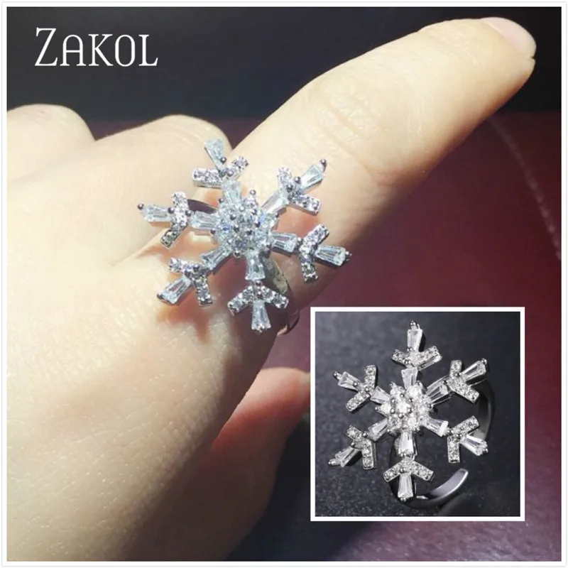 ZAKOL Роскошные AAA кубического циркония Открытые Кольца модные большие Cz снежинка в