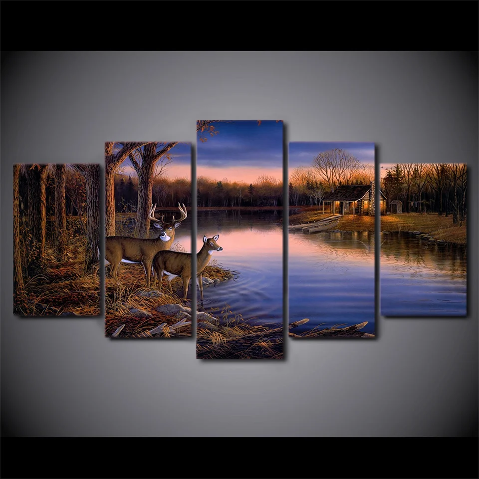 Modern Home Decor HD Prints Pictures Wall Frame 5 Piece Deer Lake Sunset Nature Landscape Canvas Painting For Living Room PENGDA | Дом и сад