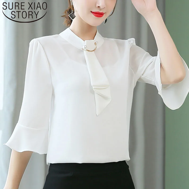 Fashion Women Tops And Blouses 2021 Ladies Tops White Blouse Shirt Chiffon Blouse Stand Flare Sleeve Shirts Shirt 4296 50