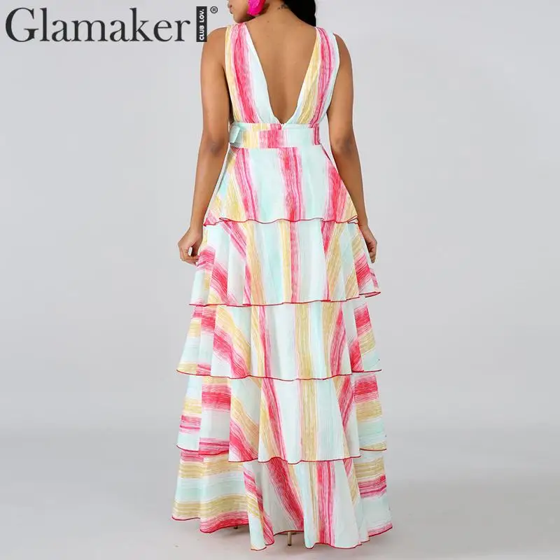 Glamaker Многоуровневое Платье макси с высокой талией и оборками женское летнее