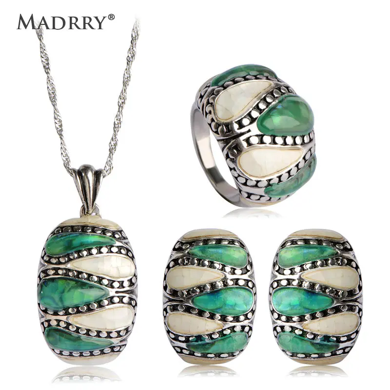 

Madrry Abalone Shell Jewelry Sets Necklace&Earrings&Ring Antique Silver Plated European Square Design Sets Mujer Accessories