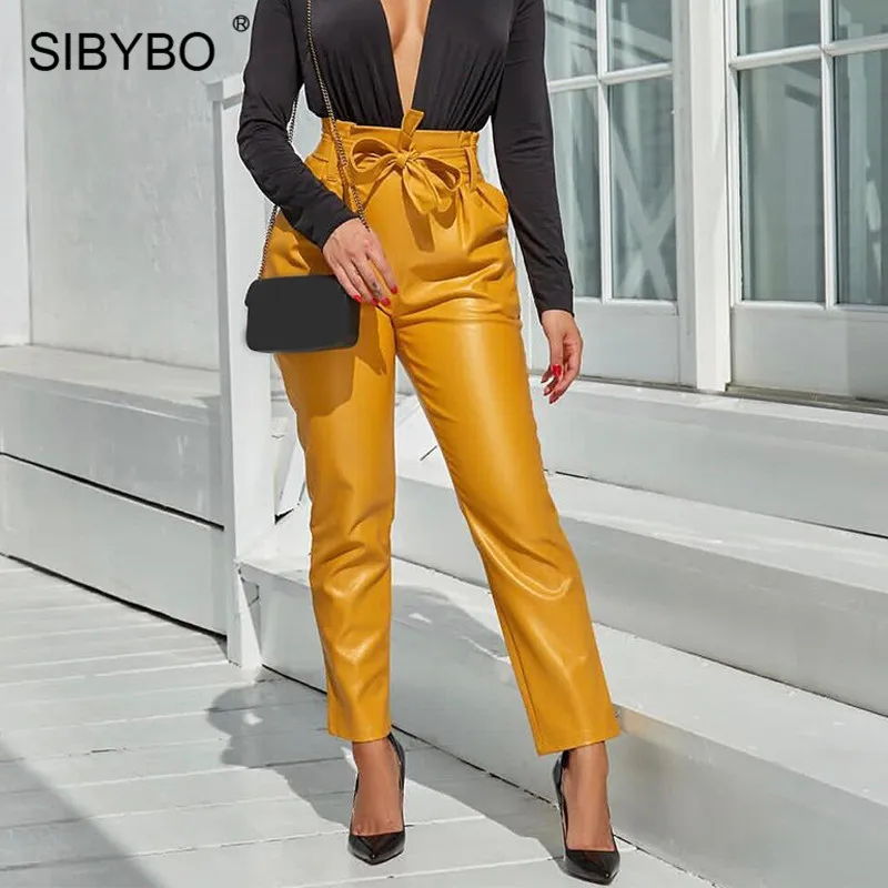 Sibybo/повседневные женские брюки с высокой талией из искусственной кожи; осенние модные узкие брюки на завязках; женские уличные брюки с карманами