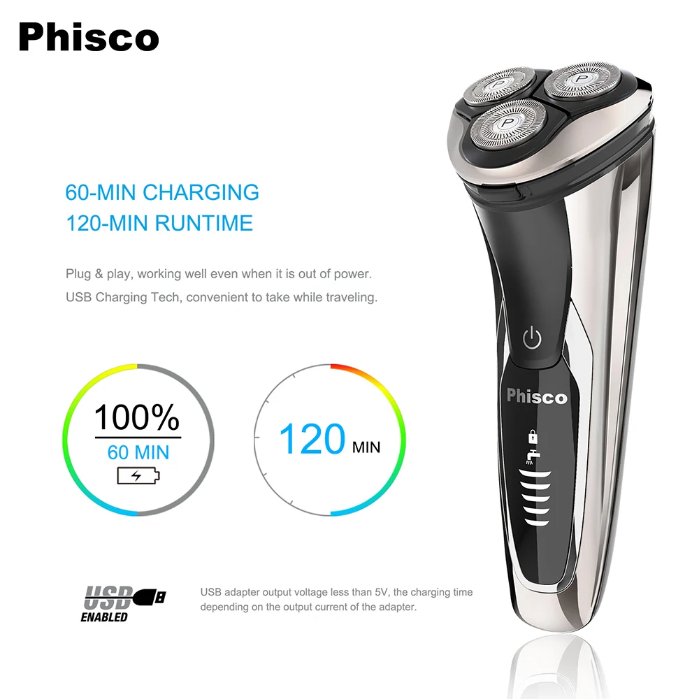 Phisco Бритва для влажной/сухой электробритва для мужчин USB быстрая перезаряжаемая электрическая бритва IPX7 ротационные бритвы для мужчин всплывающий триммер