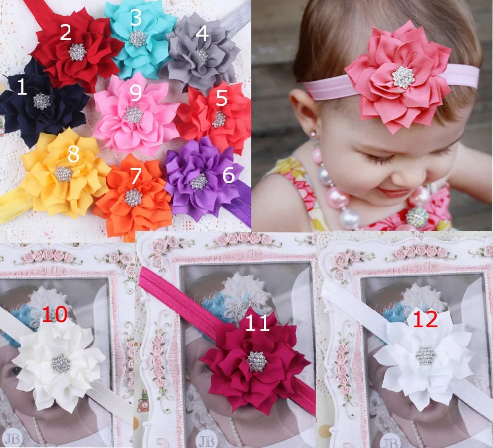 

12 pcs/lot Rhinestone Hindu Lotus Flower Elastic Glossy headband Hair bow