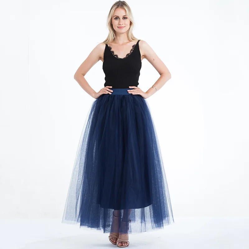navy blue Новое поступление Пышная юбка Макси Длинная юбка в пол из тюля эластичная женская с высокой талией Пышная юбка с подъюбником подружки невесты на свадьбу - Цвет: navy blue