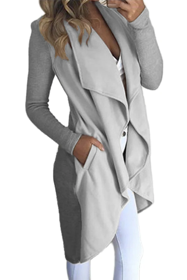 

New Arrival Casual Lapel Collar Irregular Hem Knit Trench Cardigans Long Sleeve Open Front Sweater Coat E85070