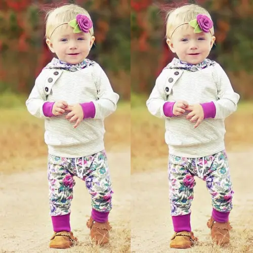 Pudcoco 2018 Newborn Baby Boy Girl Clothes Set Purple Floral Hoodie Stripe Button Tops+Pants 2pc Gift Beauty Autumn Outfit 0-24M | Детская
