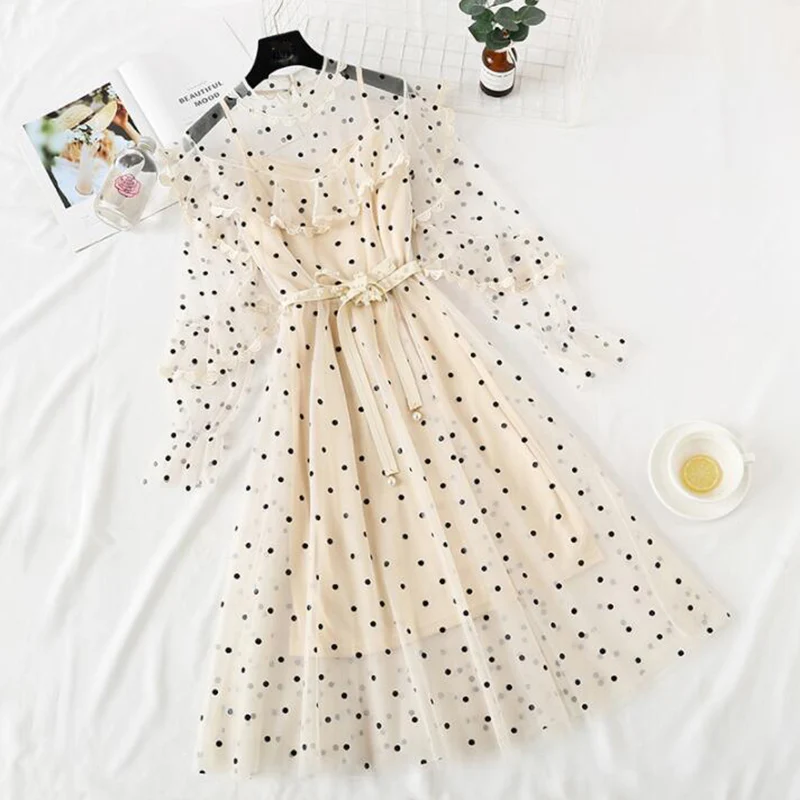 Женское длинное платье в горошек облегающее Сетчатое из двух предметов с круглым