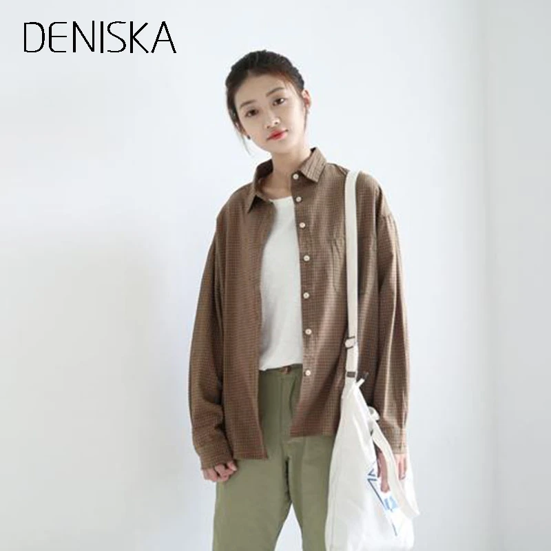 Дениска Новая осень 2018 Этническая хлопок и лен блузка для женщин рубашка в клетку