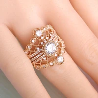 blucome unique three stackable rings gold color crown round cubic zircon ring for women bridal hollow out three finger ring set