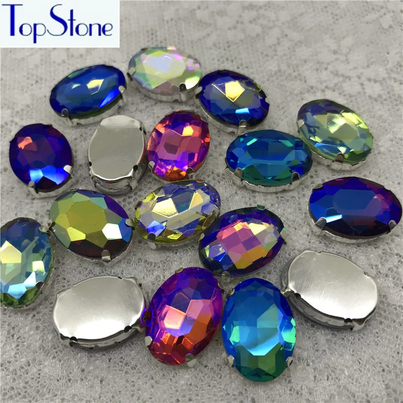 Стразы из стекла высокого качества с овальной формой и цветом когтей AB на металлической основе с пряжкой для одежды.
