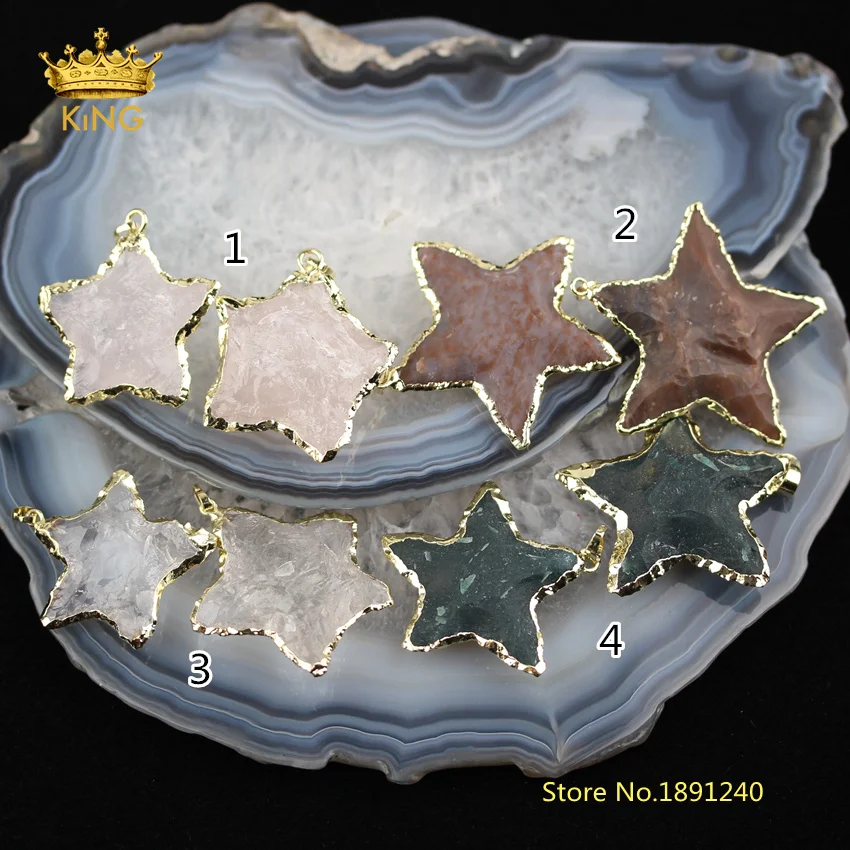 5pcs/Lot Bulk Star Charms Jewelry Making Necklace,Natural Rough Stones Plated Gold Edged Handmade Pendants Findings DSS106