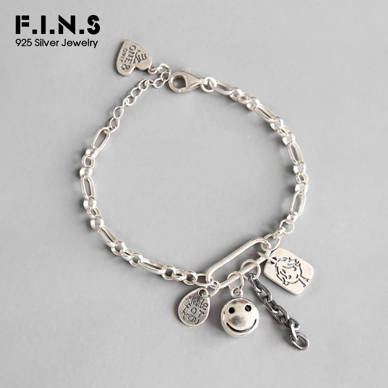F.I.N.S 925 пробы Серебряный смайлик бирка кулон браслет для женщин тайское серебро ручной работы звено цепи браслеты на руку ювелирные изделия