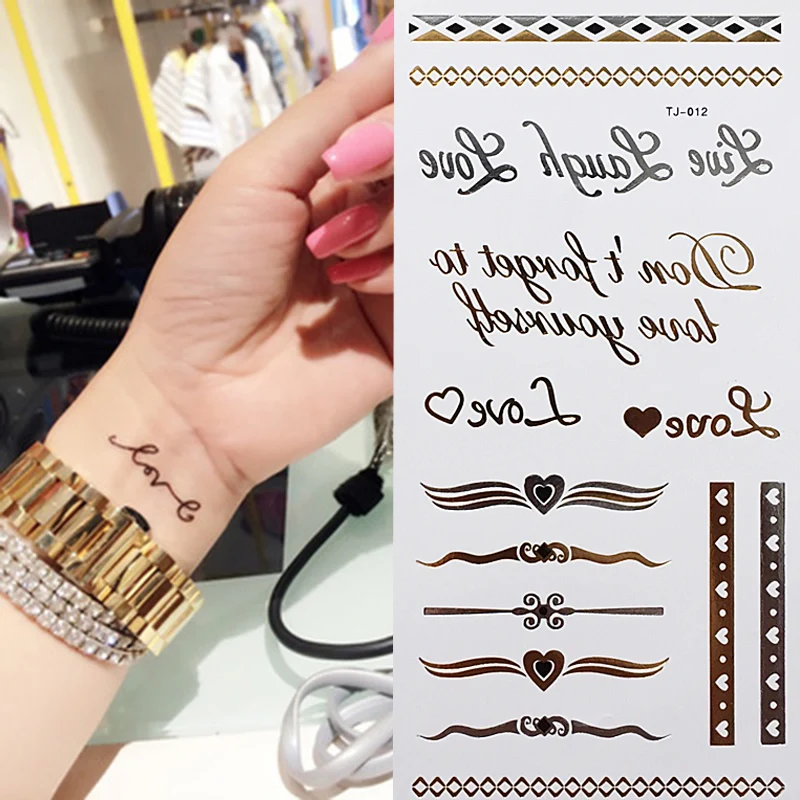

1PC Metallic Waterproof Temporary Tattoo Bronze Iridescent Gold Silver Women Henna Love Heart Letter Ring Tattoo Sticker