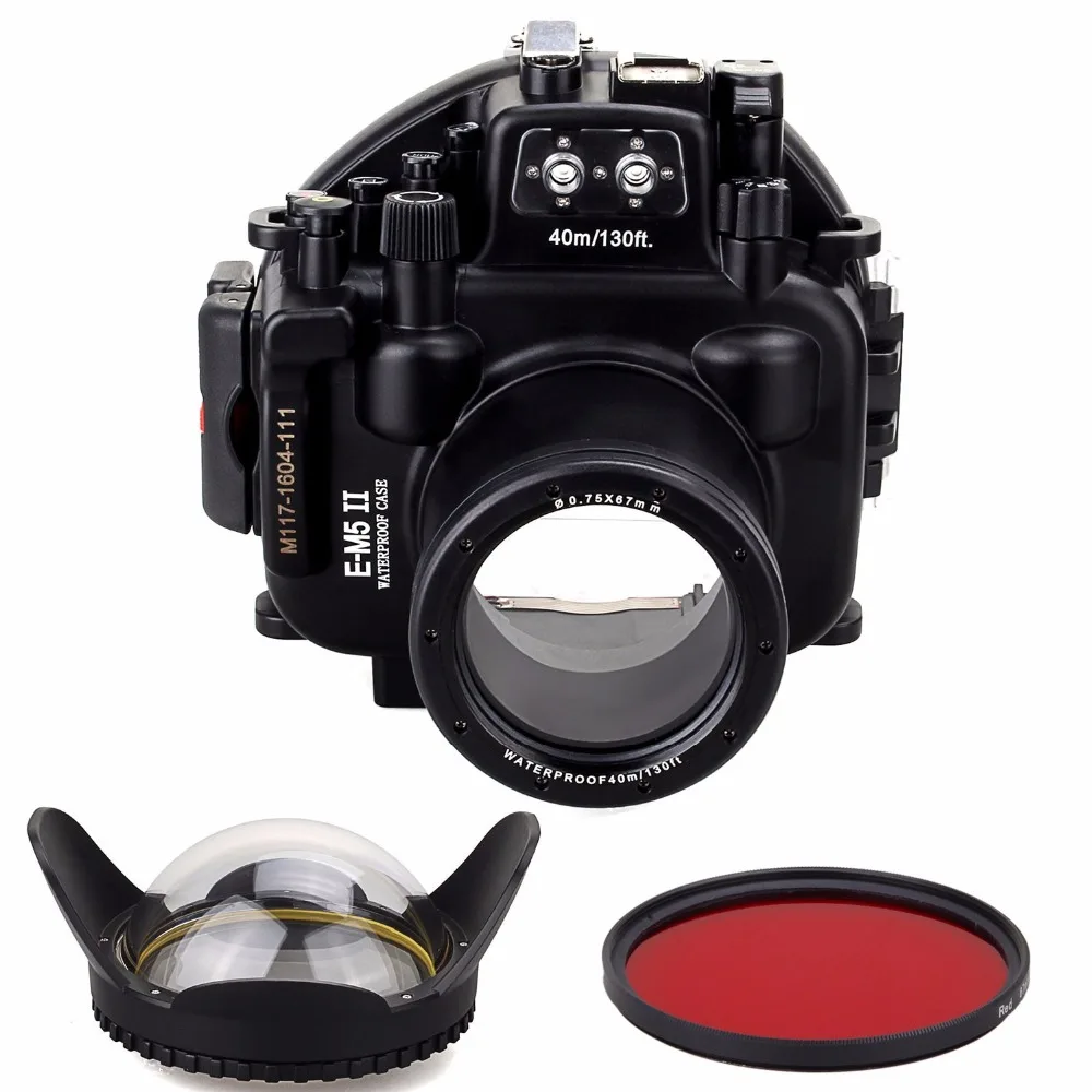 

Meikon 40M/130ft Waterproof Underwater Camera Housing Diving Case for Olympus E-M5 II 12-50mm Lens With Fisheye Lens+Red Filter