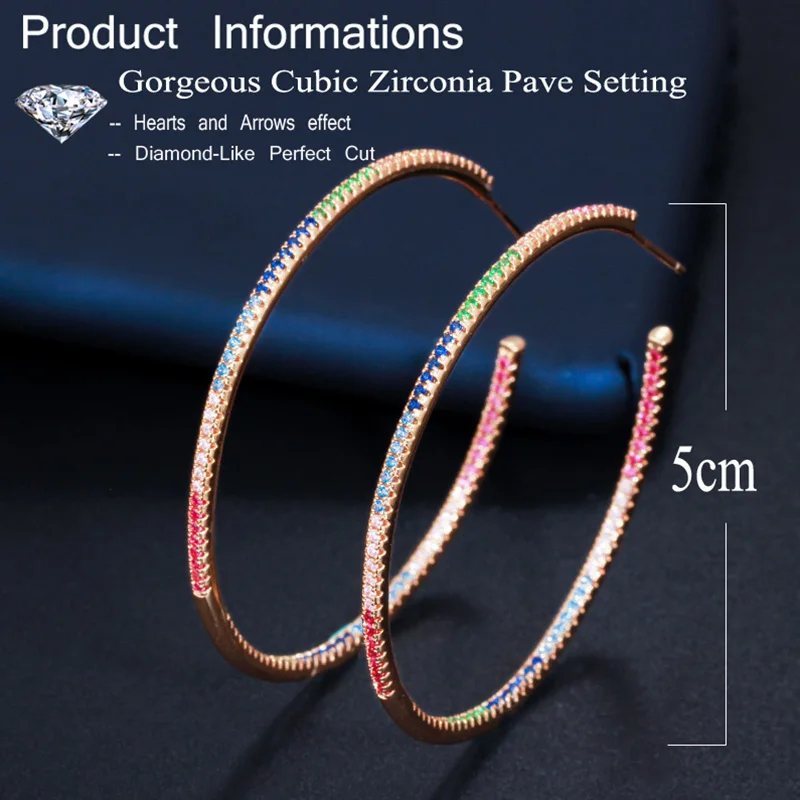 Pera Chic Colorful Cubic Zirconia Delicate Simple Rainbow Big Round Circle Gold Thin Hoop Earrings Jewelry for Women Gift E402 | Украшения