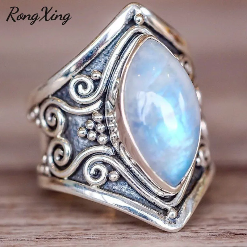 RongXing очаровательные кольца из радужного огненного опала с лунным камнем для