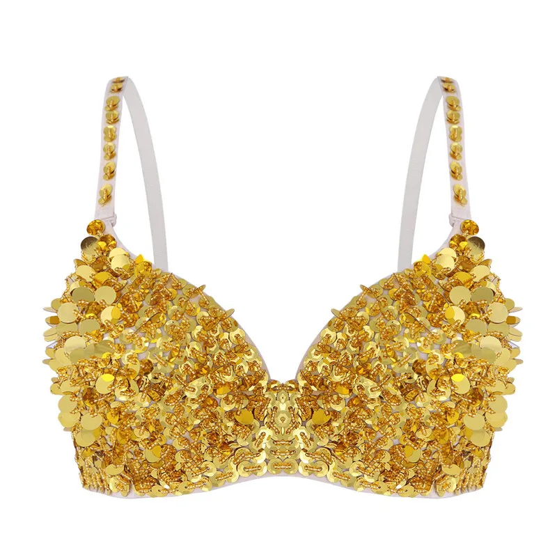 MSemis женский бюстгальтер нижнее белье Модные Блестящие Блестки Бисероплетение мягкий бюстгальтер на косточках Топ клуб танец живота вечерние экзотический лифчик костюм - Цвет: Gold