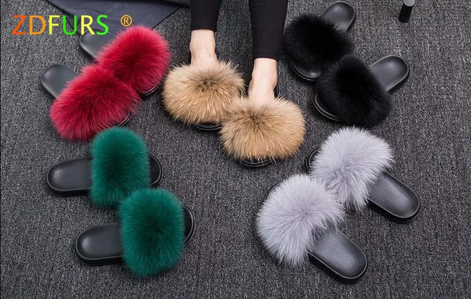 ZDFURS/; модные шлепанцы с лисьим мехом; шлепанцы без задника с натуральным мехом; Летние вьетнамки; повседневные Модные босоножки с лисьим мехом; модная плюшевая обувь;