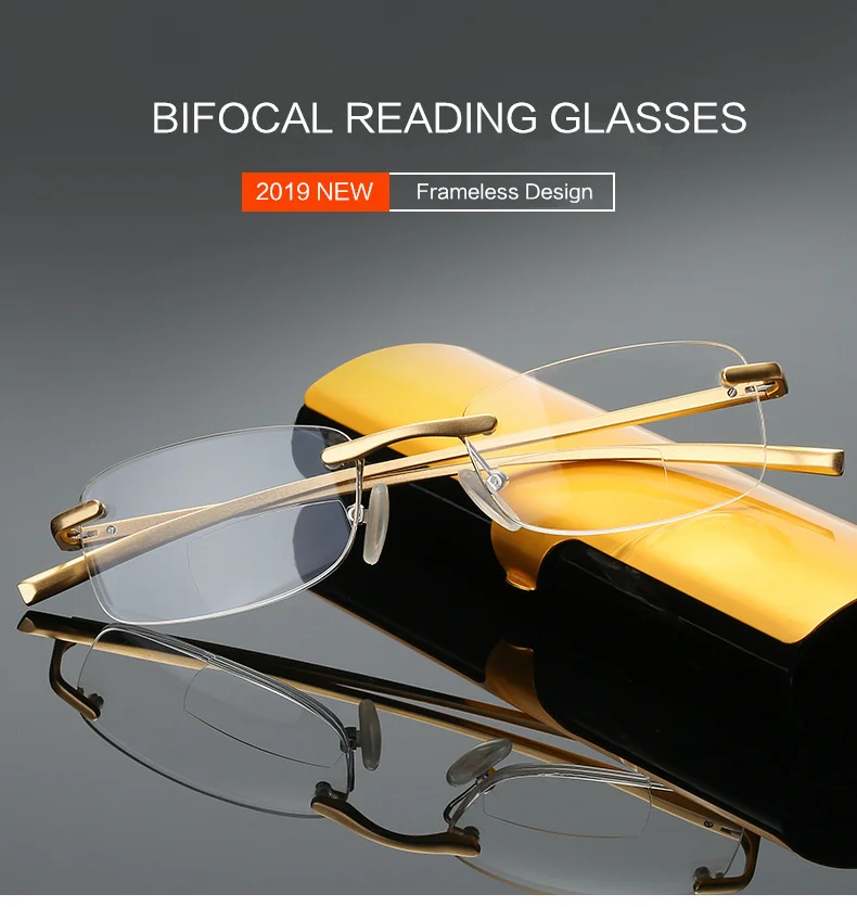 Rimless Aluminum magnesium Frame Bifocal Reading Glasses Men Women Presbyopic Eyeglasses with Diopter+1.0+1.5+2.0+2.5+3.0