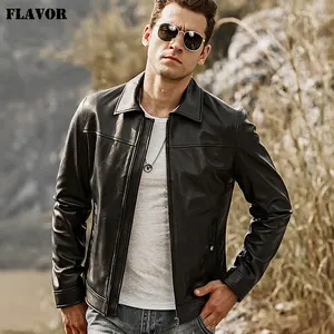 Kожаная куртка мужская с отложным воротником FLAVOR, кожаная мотоциклетная куртка из шкуры ягненка, жакет из натуральной кожи черного цвета, 2018