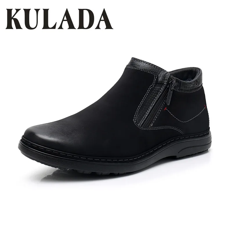 black KULADA/ г.; мужские теплые зимние ботинки на толстом меху; удобные зимние ботинки из коровьей замши на молнии сбоку; мужские повседневные сапоги - Цвет: black