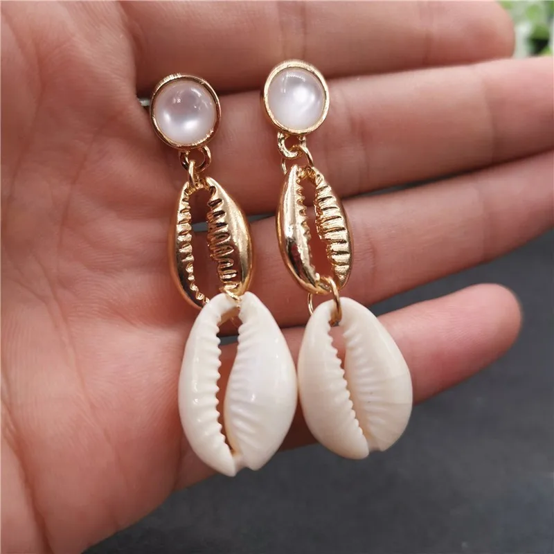 Женские серьги в виде ракушек Boho популярные металлические с имитацией жемчуга на