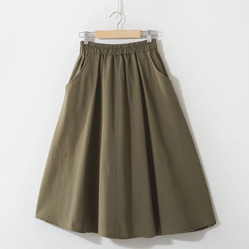 Army Green Миди юбка Женская Новая мода эластичный пояс боковые карманы Ruched Sun Falda Женская Повседневная однотонная имперская трапециевидная хлопковая юбка - Цвет: Army Green