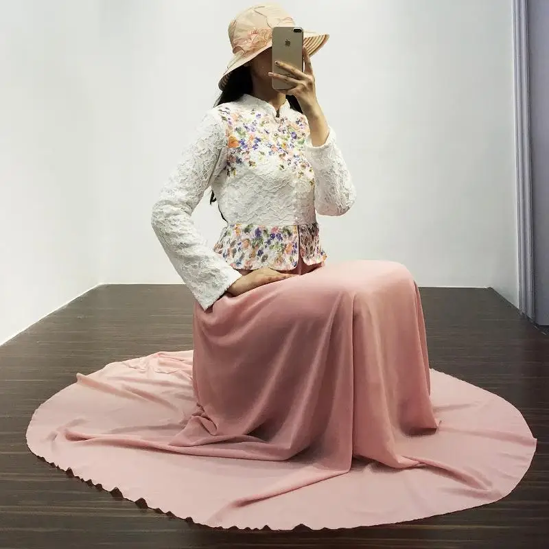 2 шт. Дубай абайя шифоновые юбки + Топы цветочный принт стоячий воротник Макси