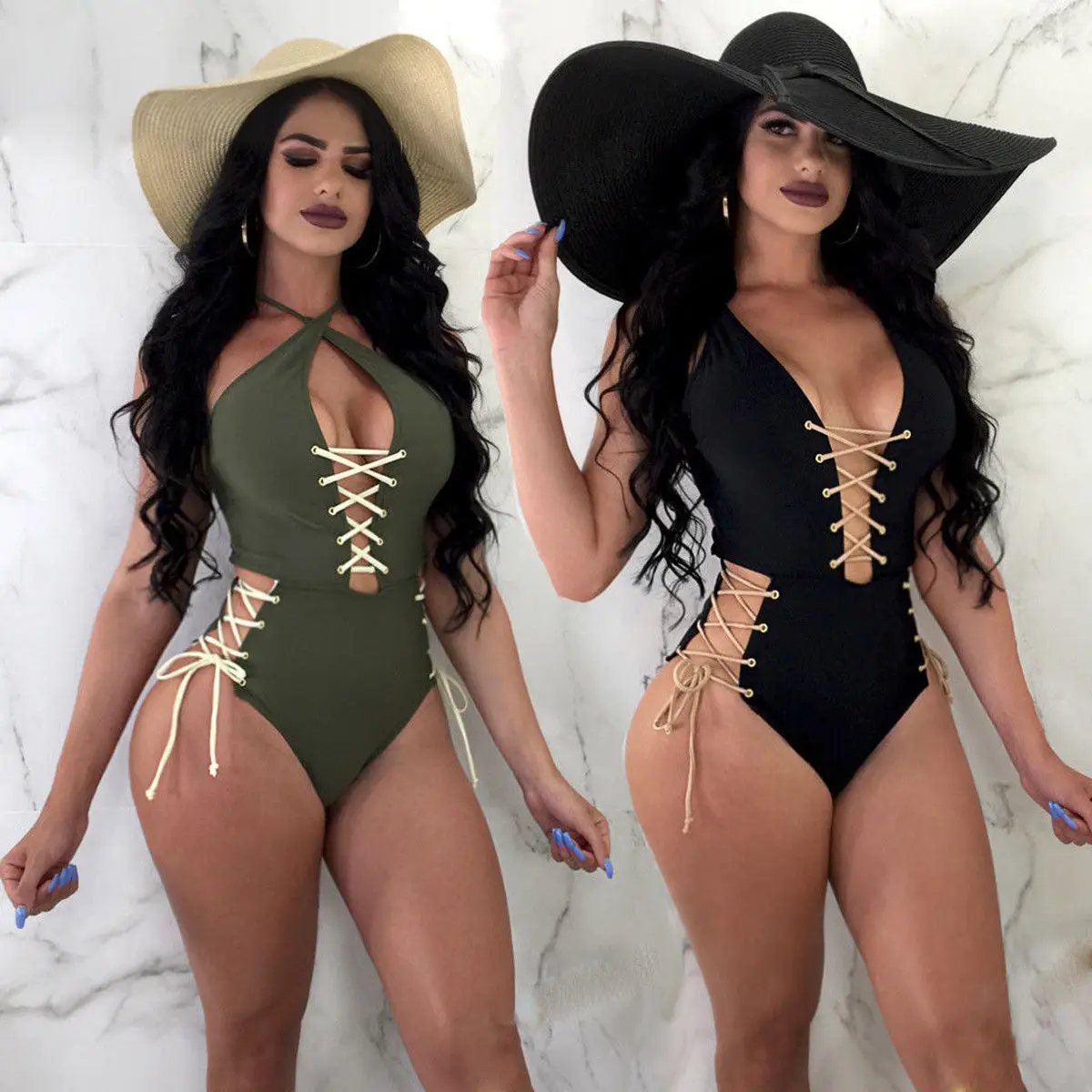 Женский цельный бандажный купальник на шнуровке монокини купальный костюм
