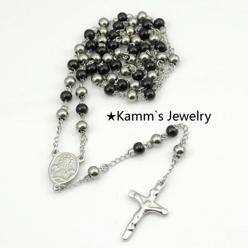Rosary Beads stainless steel Silver Chain Black pendant necklace Cross Jesus Womens Mens accessories Wholesale Retail KN085 | Украшения и