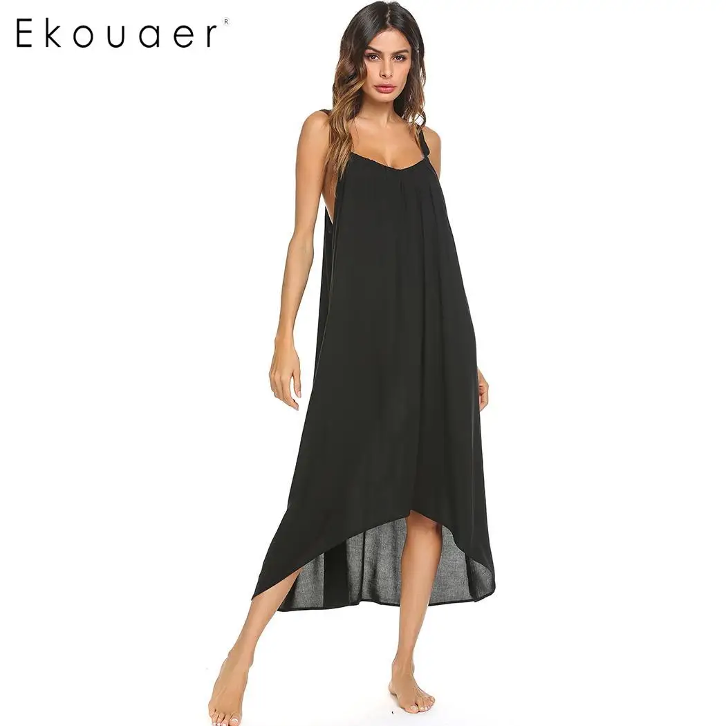 Black Ekouaer, женская ночная рубашка на тонких бретелях, длинная сорочка, ночная рубашка, однотонная, с неровным подолом, свободное, ночное платье, женские длинные ночные рубашки - Цвет: Black