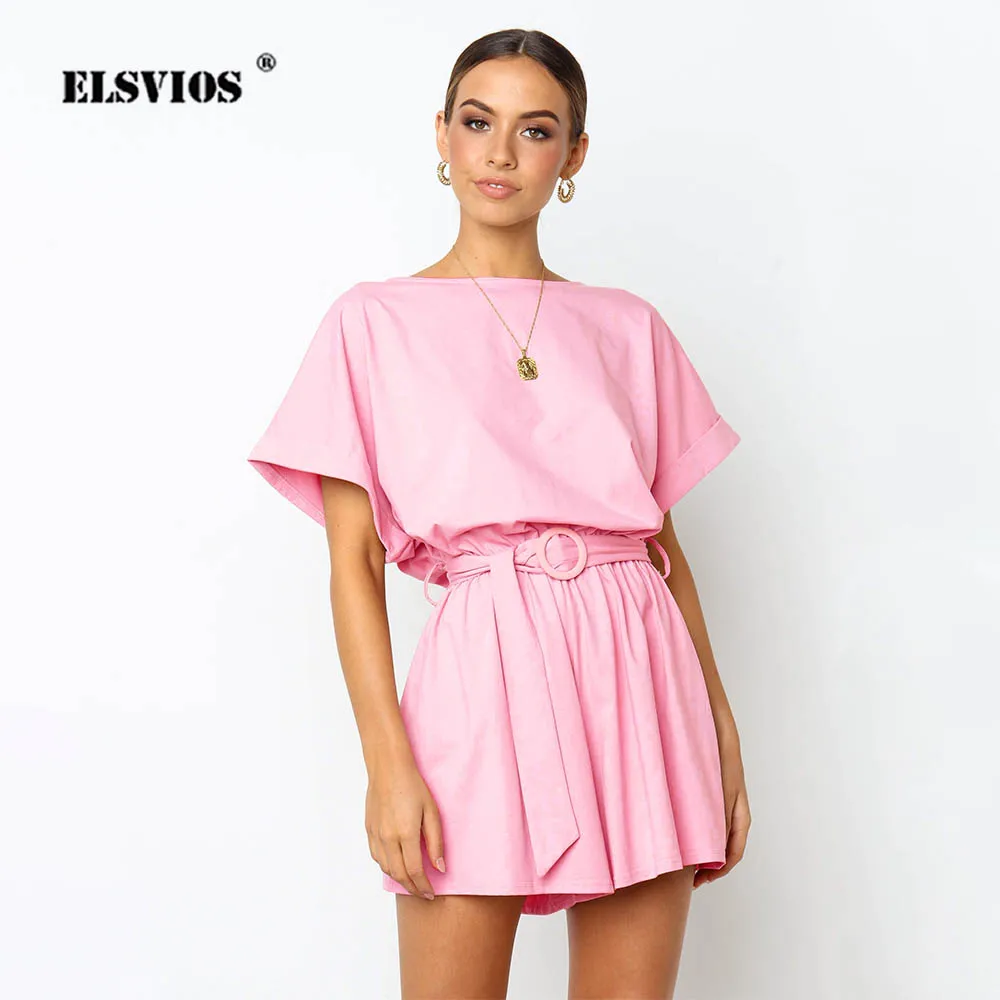 

ELSVIOS 2019 New solid summer beach romper women Fashion O neck short sleeve jumpsuit Elegant loose overalls with belt playsuits