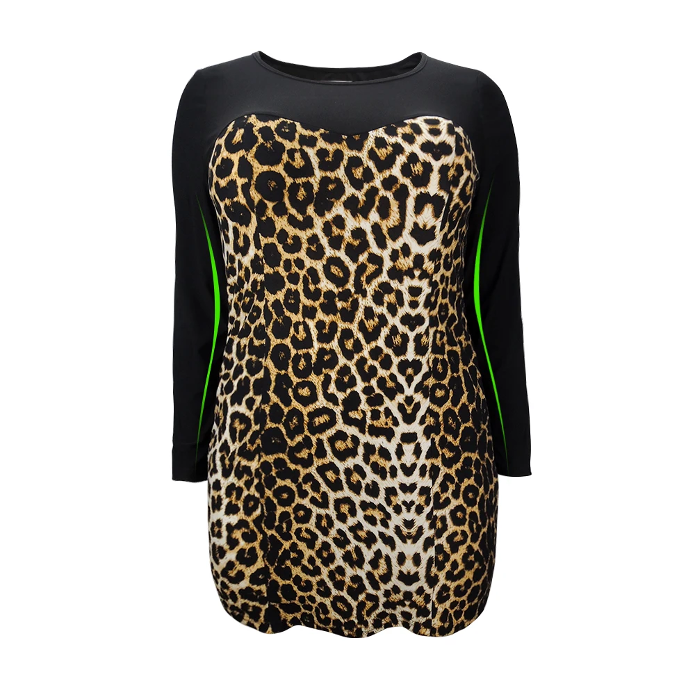 Women Plus Size Shift Dress Leopard Colorblock Big Size Woman Dress Spring Summer Tunic Slim Party Dress 5XL 6XL 7XL H102