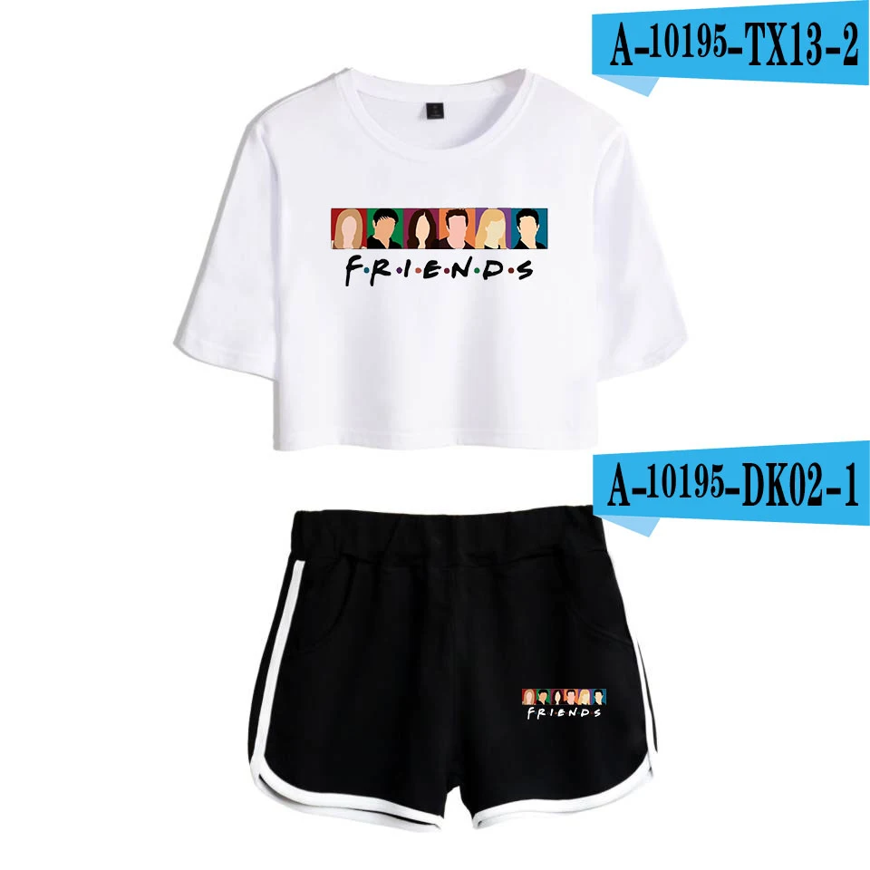 LUCKYFRIDAYF друзья Мода Ill Be There for You летние шорты и футболки женские комплекты из двух предметов укороченный топ повседневная одежда - Цвет: white black