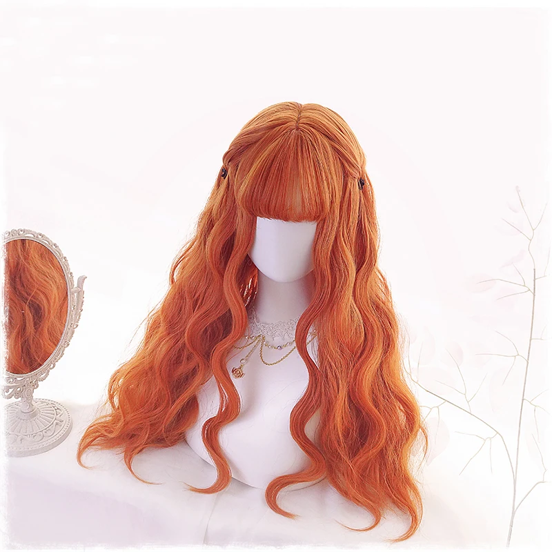 

Harajuku Cosplay Wig Orange Sweet Body Wave Curly Long Bang Fringe for Adult Girls Accessories