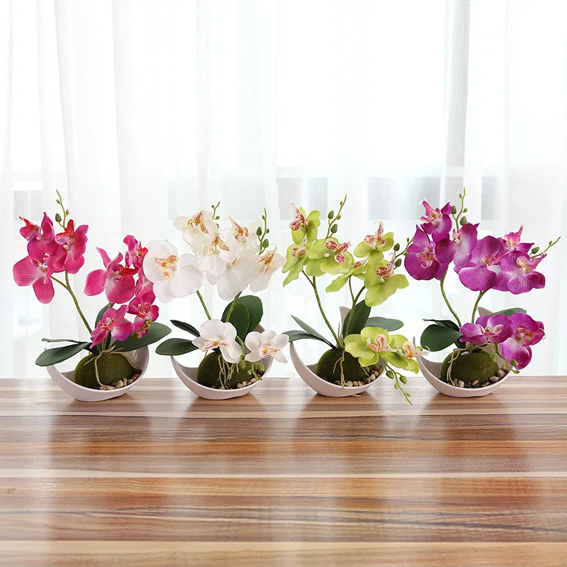 

Artificial Butterfly Orchid Potted plants silk Flower with Plastic pots moss Home Balcony Decoration vase set wedding Decorative
