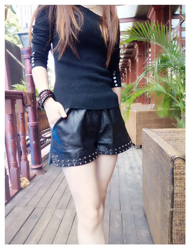 Женские шорты из ПУ кожи с заклепками и эластичным поясом|shorts short|leather shortspu leather