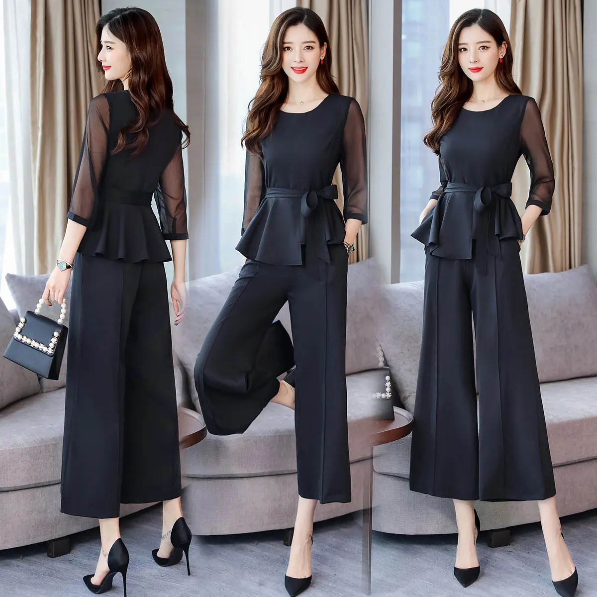 Весенние Женский комплект 2 шт. широкие брюки палаццо Pantalon Femme Conjunto Feminino летний