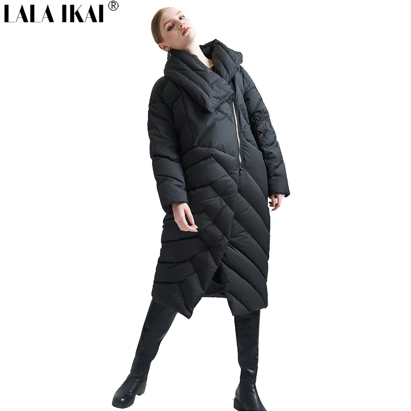 2018 LALA IKAI Для женщин Зимний шик вниз пальто х длинные отложным воротником парка