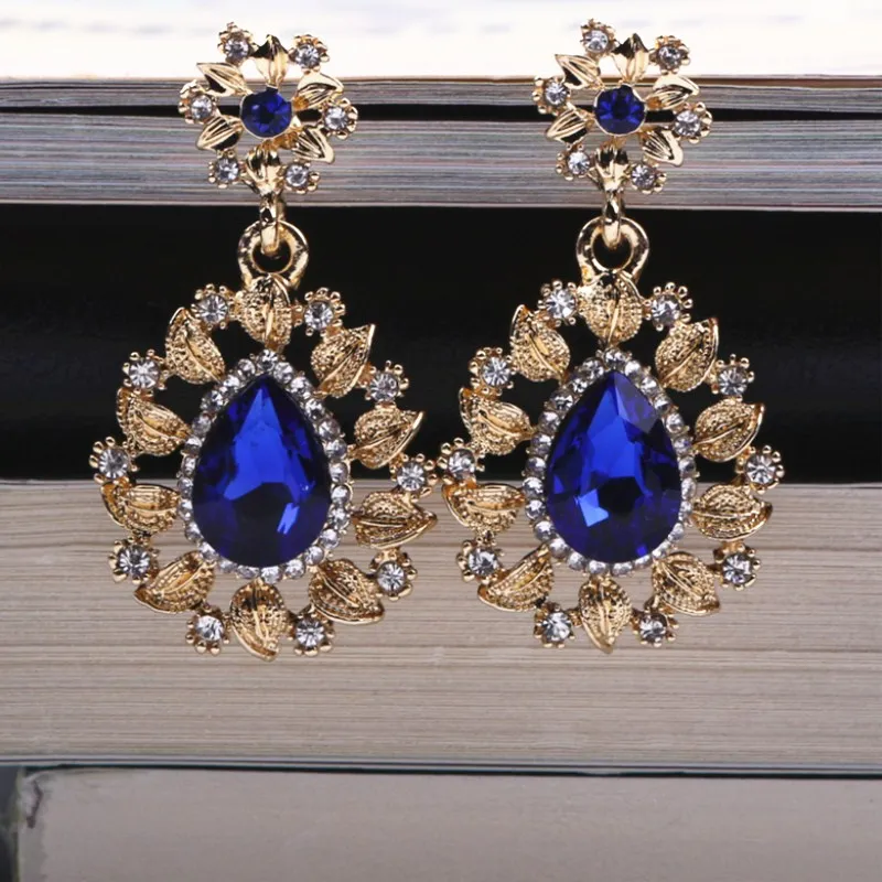 ES2120 Blue Crystal Water Drop Earrings CZ Vintage Geometric Gold Square Exaggerated Long Dangle Earrings for Women Brincos Party Jewelry - Окраска металла: ES2120 Blue