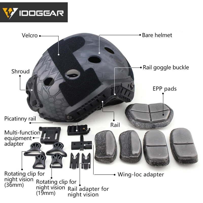 IDOGEAR Tacitcal Быстрый Шлем PJ Тип Расширенная настройка w/NVG кожух + Боковая рейка