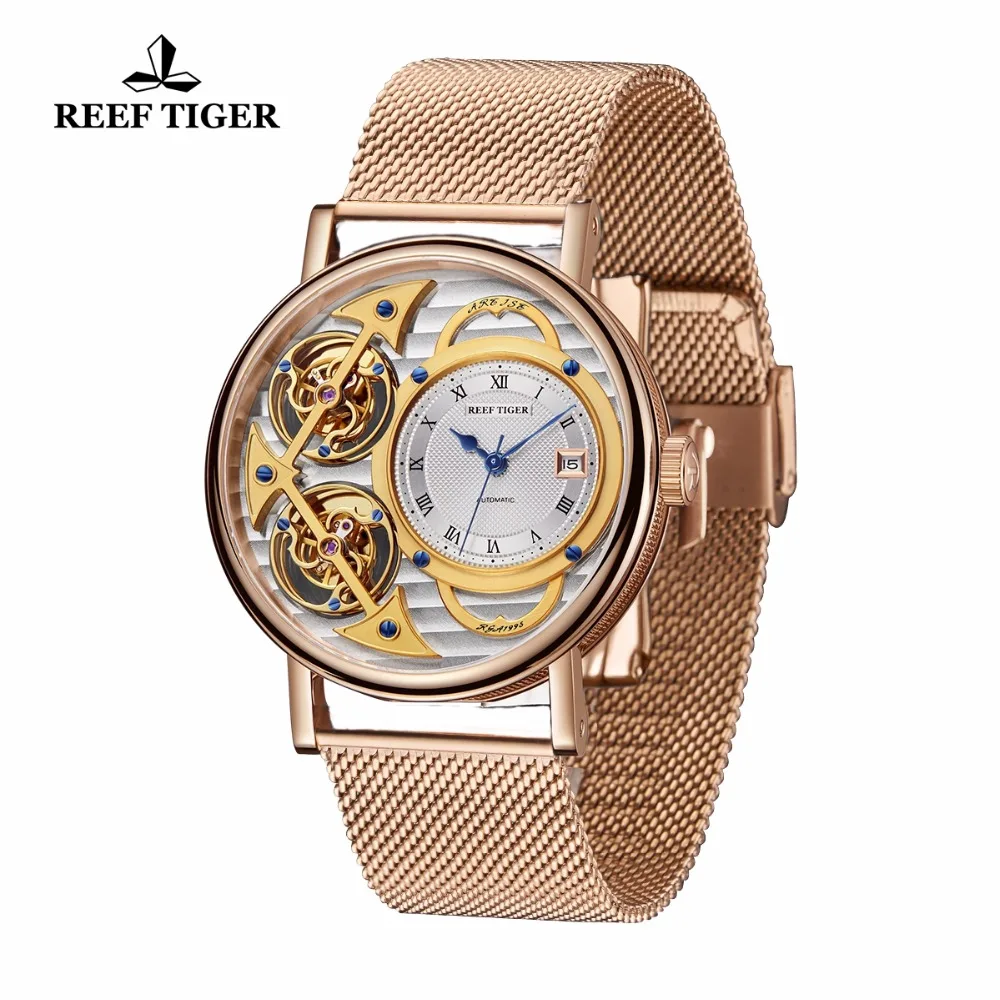 Риф Тигр дизайнерские модные часы Скелет розовое золото двойной турбийон для