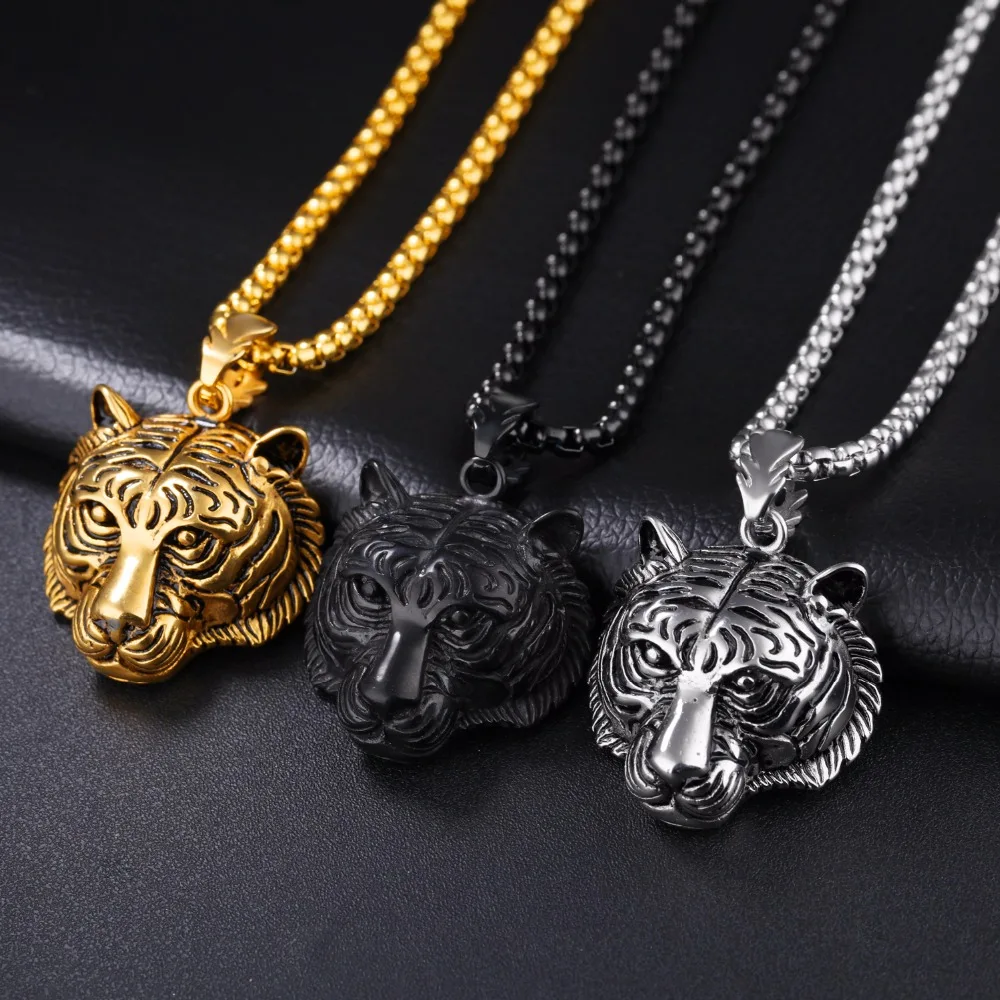 TRAYOKIN Punk Tiger Pendant Necklaces For Men Stainless Steel Box Link Chain 3 Colors Personality Jewelry | Украшения и