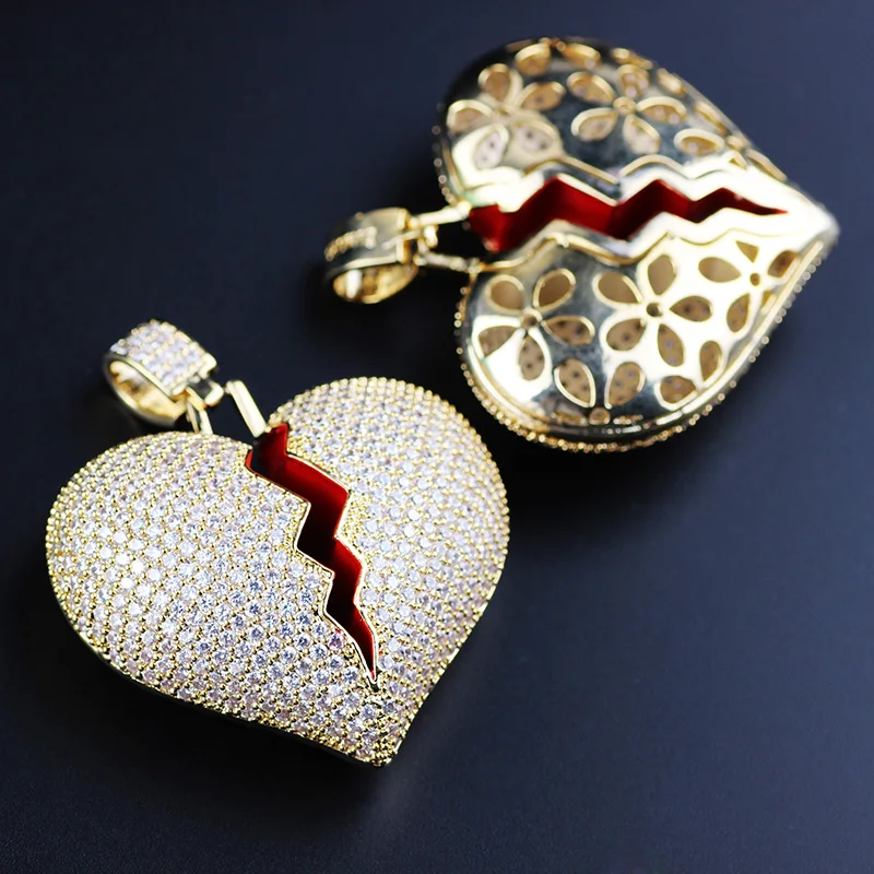 Fashion Broken Heart Iced Out Chain Pendant Necklace Statement Gold Color Cubic Zircon Hip Hop Men's Jewelry Gift | Украшения и