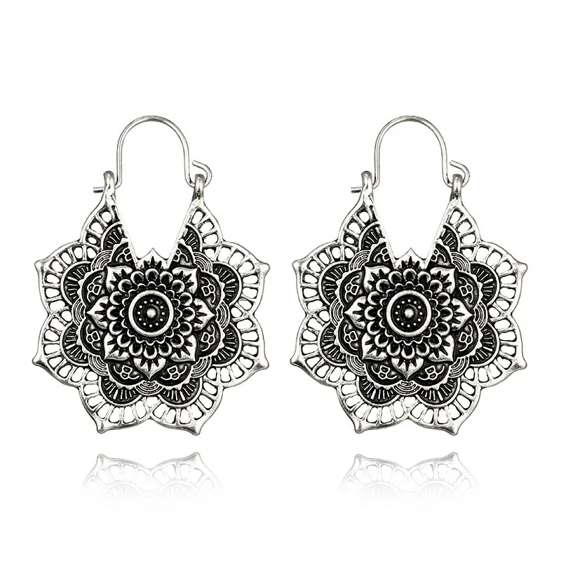 Style4 POHOUR Antique silver Gypsy Indian Tribal Ethnic Hoop Drop Dangle Mandala Earrings Boho - Окраска металла: Style4