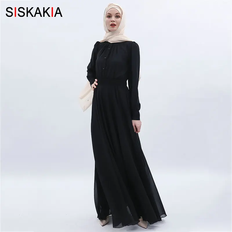 Black abaya Siskakia с двойным бортиком Слои высокой плотности шифоновое ТРАПЕЦИЕВИДНОЕ Длинное Платье темного-синего цвета, на лето, Арабский мусульманский молитва одежда темно-зеленый - Цвет: Black abaya