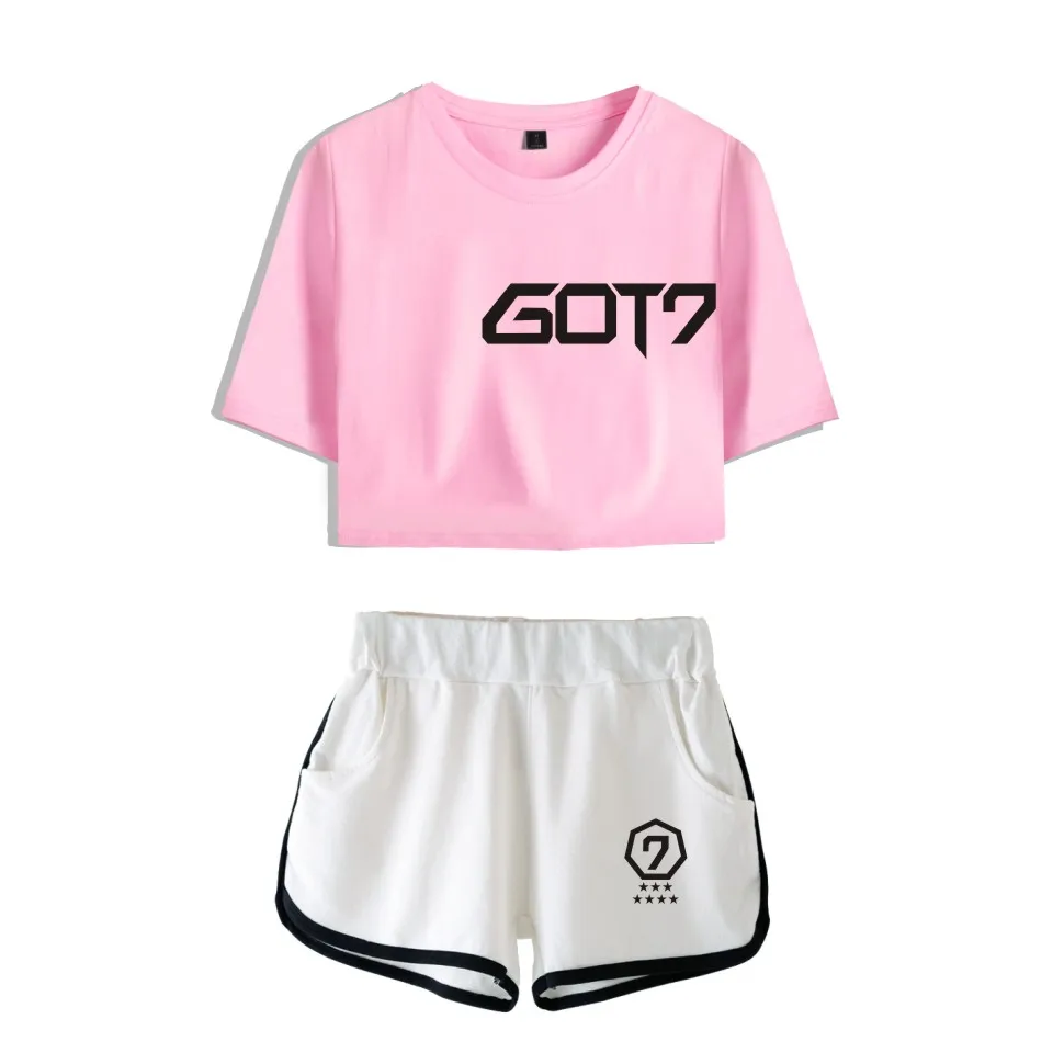 

GOT7 Summer Cool Two Piece Set Women Print Sexy Style GOT7 Crop Top And shorts Sets Casual Cotton Tracksuit For Women Plus Size